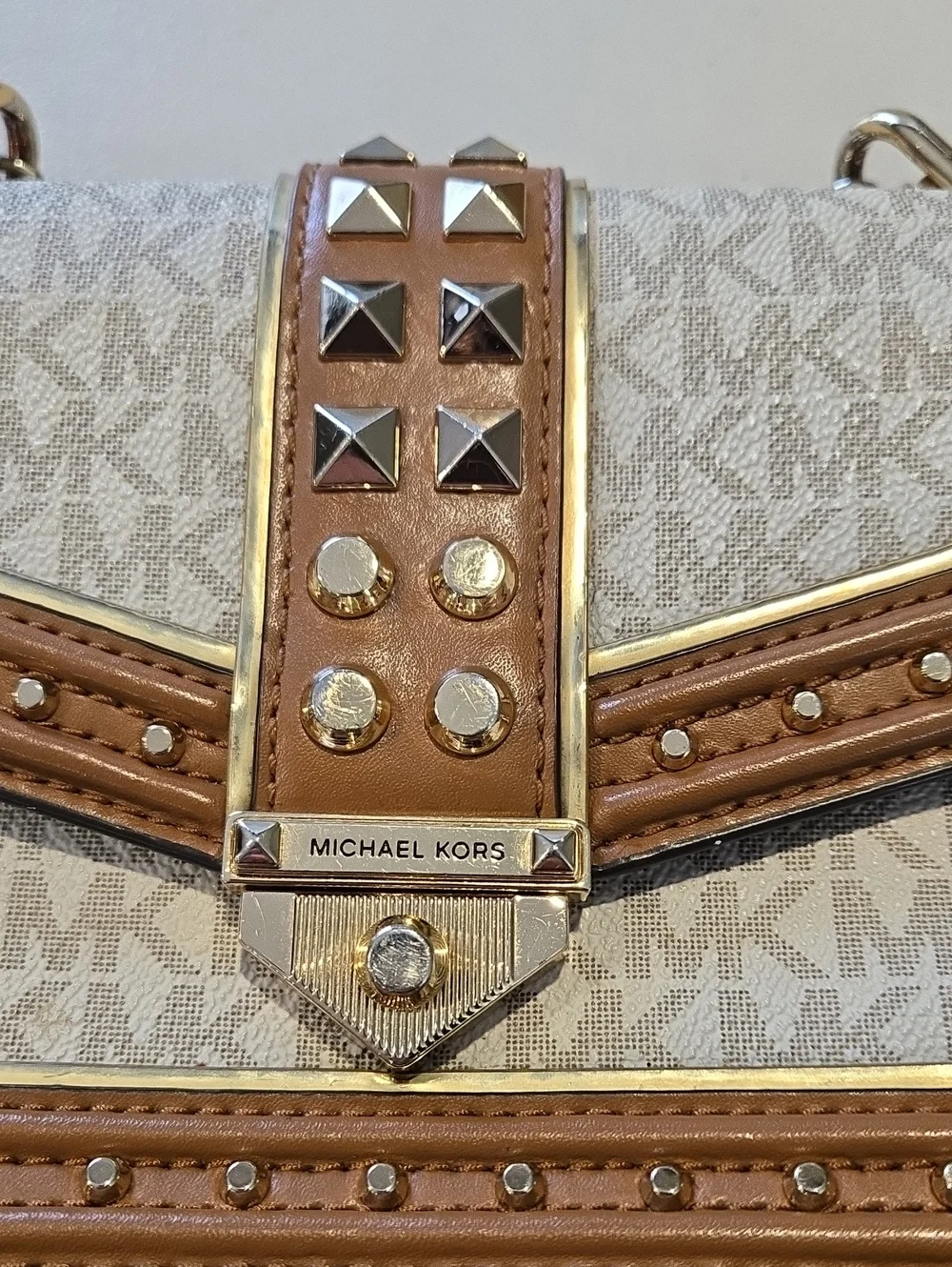 Michael Kors Brown Signature Studded Shoulder Bag
